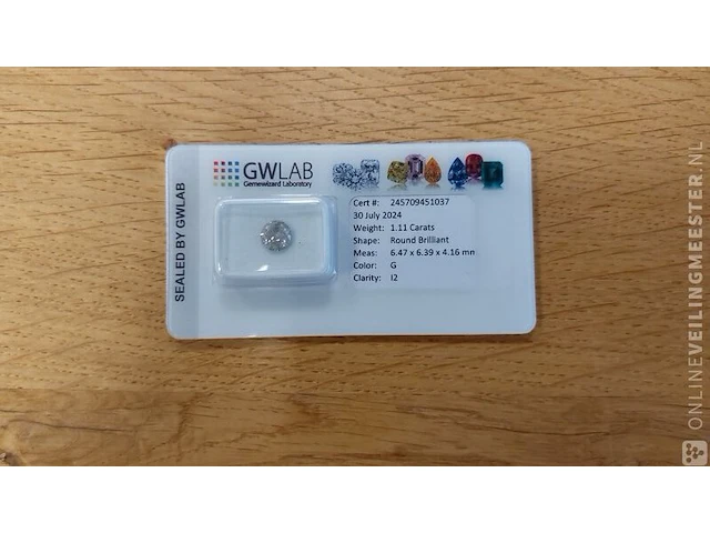 1 diamond (natural) - 1.11 ct - round - g - i2 - afbeelding 2 van  7