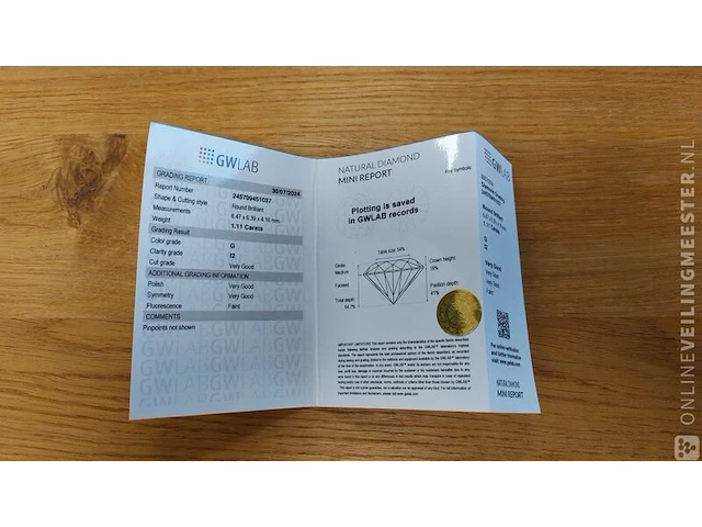 1 diamond (natural) - 1.11 ct - round - g - i2 - afbeelding 4 van  7