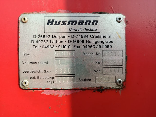 10 m3 afzet perscontainer, husmann, spb 10 an-e, 2006 - afbeelding 2 van  10