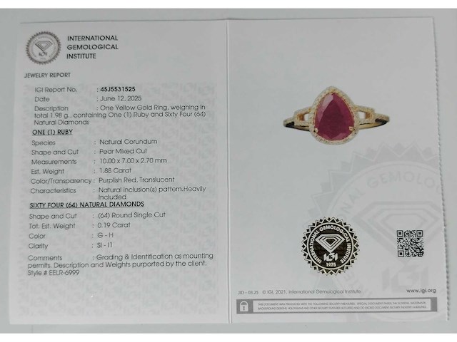 14 karaat geelgouden ring met 2,07 crt. robijn diamant. - afbeelding 6 van  6