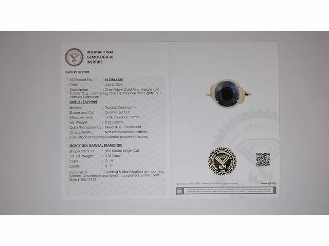 14 karaat geelgouden ring met 5,48 crt. saffier diamant. - afbeelding 5 van  5
