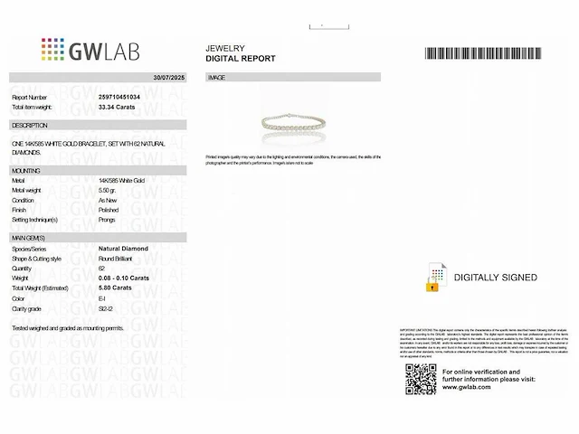 14 karaat witgouden armband met 5,80 crt. natuurlijke diamant - afbeelding 2 van  6