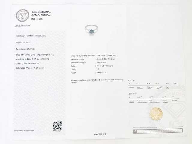 14 karaat witgouden met 1,01 crt. diamant - afbeelding 8 van  8