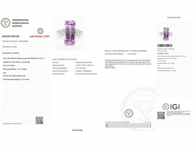 14 karaat witgouden ring met 10,25 crt. kunziet natuurlijke diamant - afbeelding 2 van  8