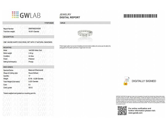 14 karaat witgouden ring met 3,23 natuurlijke diamant. - afbeelding 2 van  6