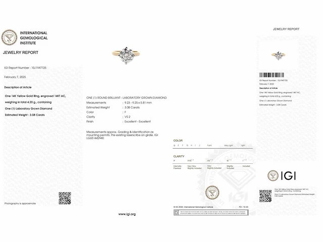 14 krt. geel gouden ring met 3,08 crt. diamant f-vs2 met certificaat - afbeelding 2 van  7