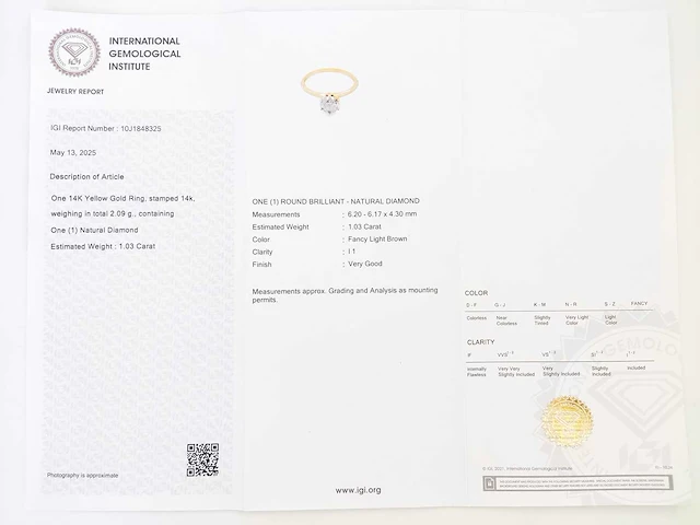 14 krt. geel gouden ring met diamant 1,03 crt. naturel - afbeelding 6 van  11