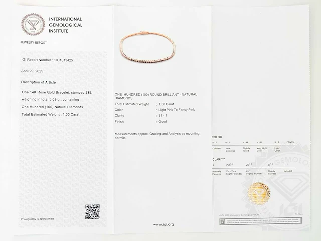 14 krt. rose gouden tennis armband 1,00 crt. naturel - afbeelding 2 van  7