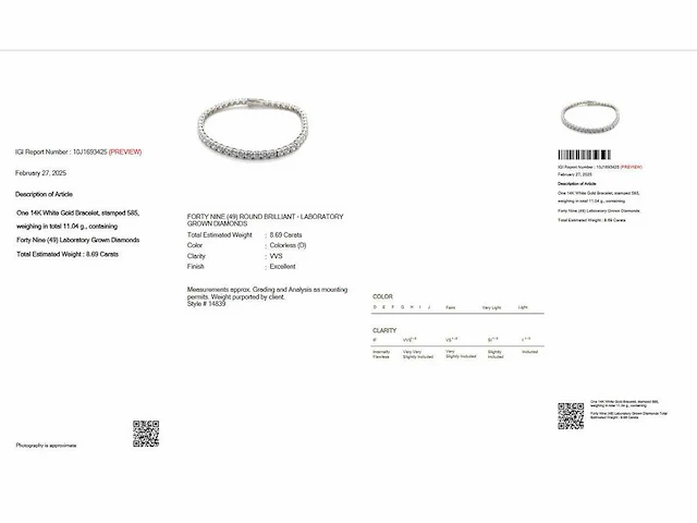 14 krt. wit gouden armband 49 diamanten 8,69 crt. - afbeelding 7 van  12