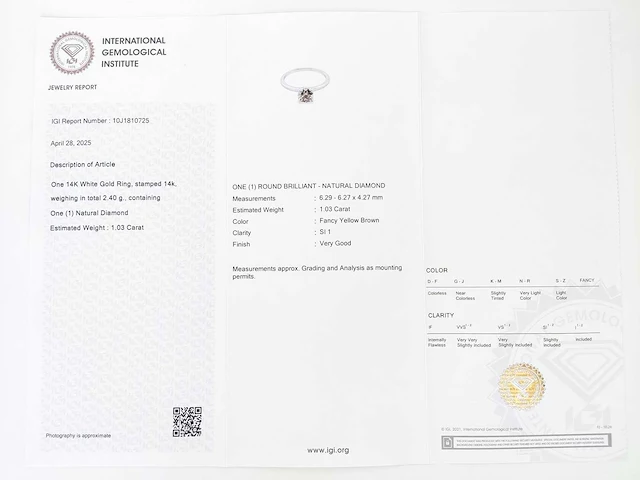 14 krt. wit gouden ring met diamant 1,03 crt. naturel - afbeelding 3 van  9