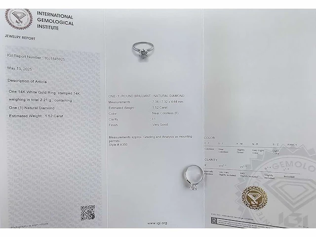 14 krt. wit gouden ring met diamant 1,52 crt. naturel - afbeelding 2 van  8
