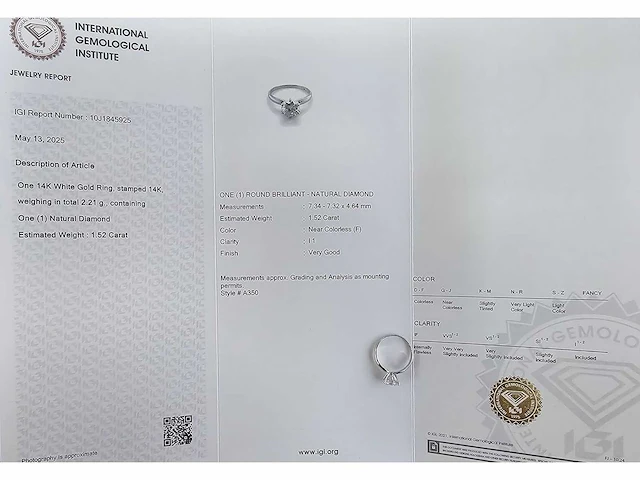 14 krt. wit gouden ring met diamant 1,52 crt. naturel - afbeelding 2 van  4