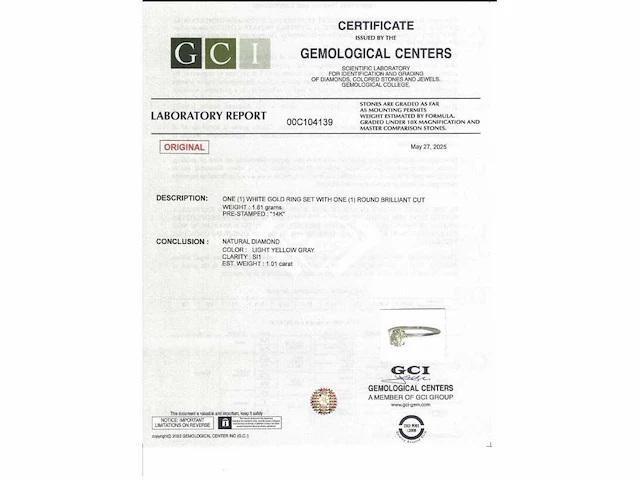 14 krt wit gouden ring met diamant natural gci 1,01 crt - afbeelding 3 van  6