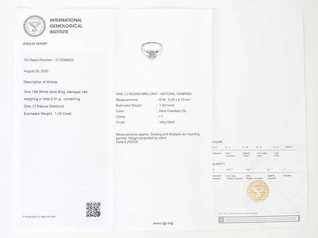 14 krt wit gouden ring met natuurlijke diamant 1,00 crt - afbeelding 2 van  7