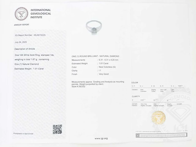 14 krt wit gouden ring met natuurlijke diamant 1,01 crt - afbeelding 2 van  7