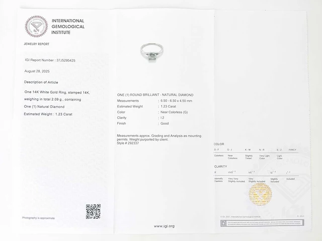14 krt wit gouden ring met natuurlijke diamant 1,23 crt - afbeelding 2 van  5