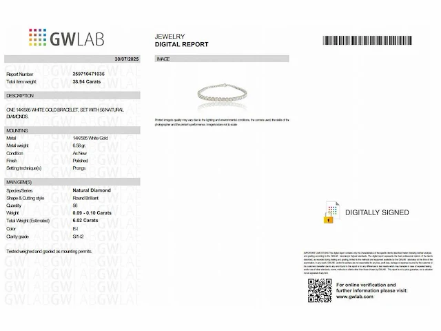 14 krt wit gouden tennis armband met natuurlijke diamant 6,02 crt - afbeelding 2 van  6