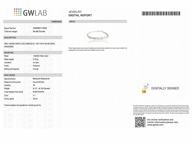 14 krt wit gouden tennis armband met natuurlijke diamanten 8,82 crt - afbeelding 3 van  8