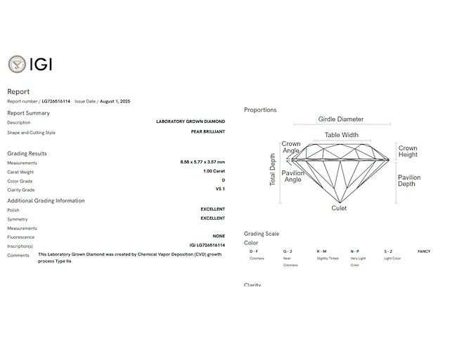 14k witgouden hanger met 1,00 ct peervormige diamant ( igi gecertificeerd ) - afbeelding 4 van  4