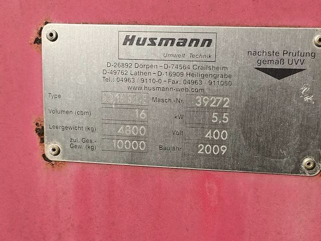 16 m3 haakarm afzet perscontainer, husmann, spb16 sel-e, 2009 - afbeelding 11 van  13