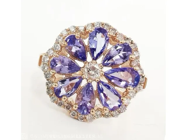 1,60 carat tanzanite & 0,40 carat n. fancy pink diamond rosé gouden ring 14k - afbeelding 1 van  7
