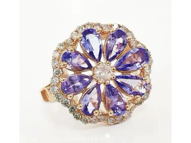 1,60 carat tanzanite & 0,40 carat n. fancy pink diamond rosé gouden ring 14k - afbeelding 2 van  7