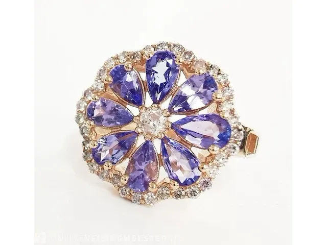 1,60 carat tanzanite & 0,40 carat n. fancy pink diamond rosé gouden ring 14k - afbeelding 3 van  7
