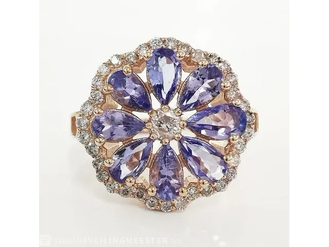 1,60 carat tanzanite & 0,40 carat n. fancy pink diamond rosé gouden ring 14k - afbeelding 6 van  7