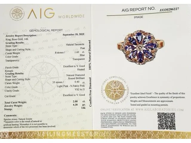 1,60 carat tanzanite & 0,40 carat n. fancy pink diamond rosé gouden ring 14k - afbeelding 7 van  7