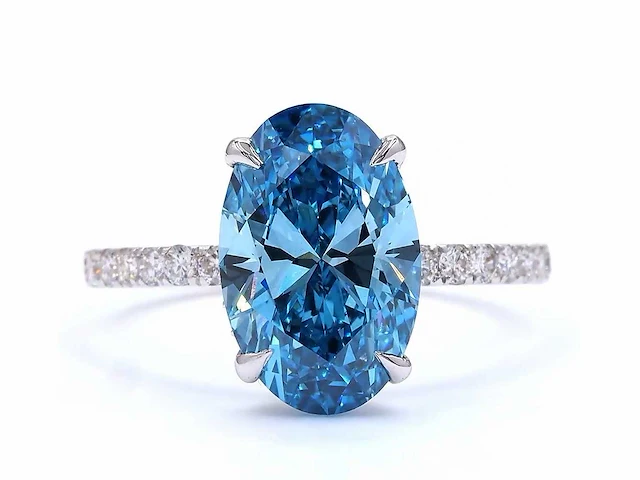 18 karaat witgouden ring met 3 crt. blauwe diamant - afbeelding 1 van  6