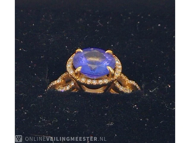 18kt gouden ring - 3ct natuurlijke tanzaniet - melee diamond - afbeelding 4 van  7