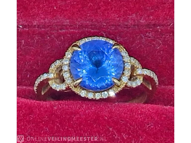 18kt gouden ring - 3ct natuurlijke tanzaniet - melee diamond - afbeelding 5 van  7