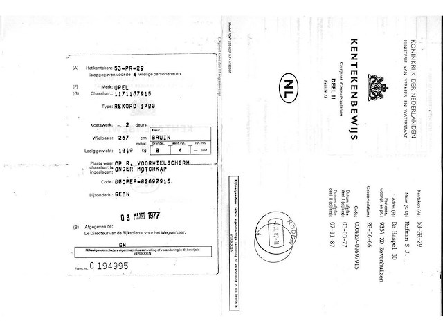 1979 - opel - rekord - 1700 n - oldtimer - afbeelding 2 van  10