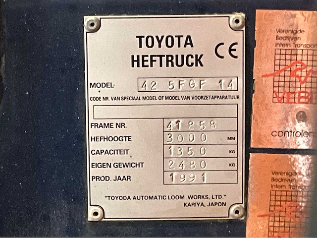 1991 toyota 42 5fgf 14 vorkheftruck - afbeelding 9 van  17