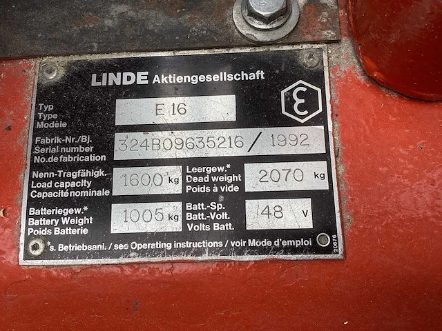 1992 linde e 16 vorkheftruck - afbeelding 7 van  7