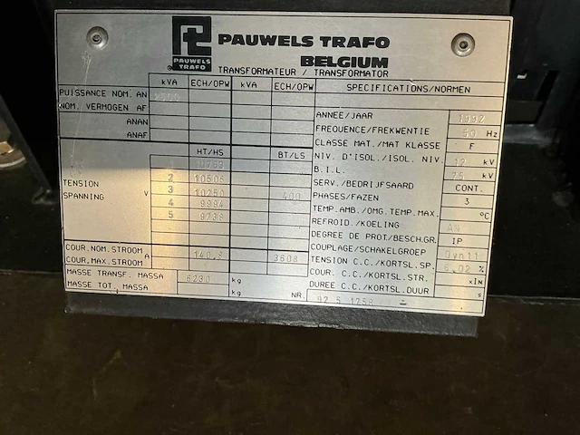 1992 pauwels transformator 2500kva - afbeelding 6 van  6