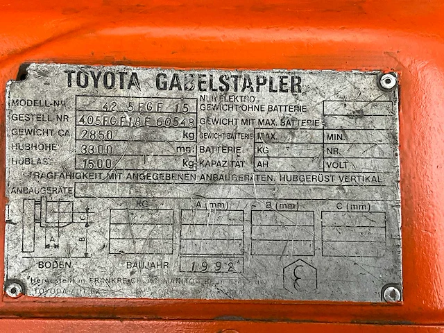 1992 toyota 42 5fgf 15 vorkheftruck - afbeelding 10 van  18