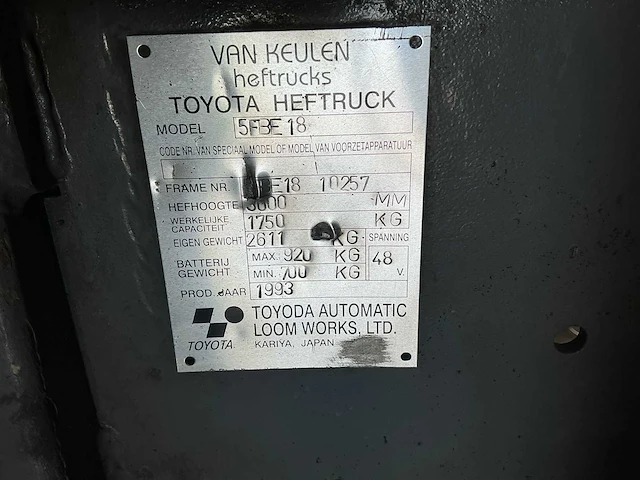 1993 toyota 5fbe18 vorkheftruck - afbeelding 11 van  19