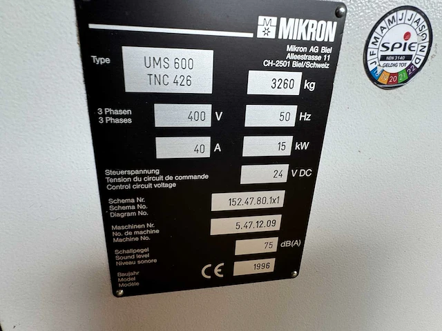 1996 mikron ums 600 tnc 426 cnc bewerkingscentrum - afbeelding 6 van  9
