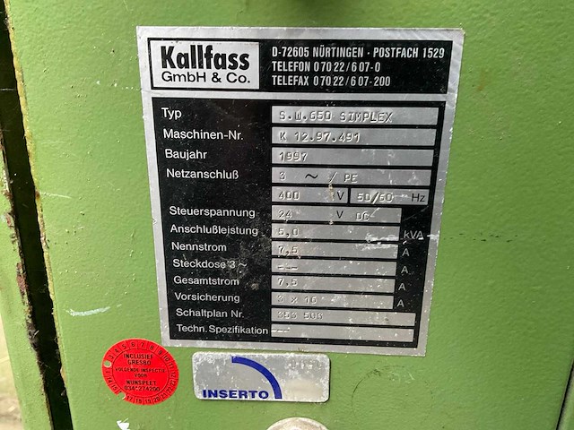 1997 kallfass s.w.650 simplex verpakkingsmachine met krimptunnel - afbeelding 7 van  9