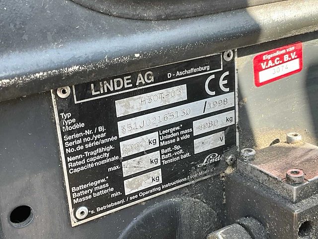1998 linde h30t-03 vorkheftruck - afbeelding 14 van  23