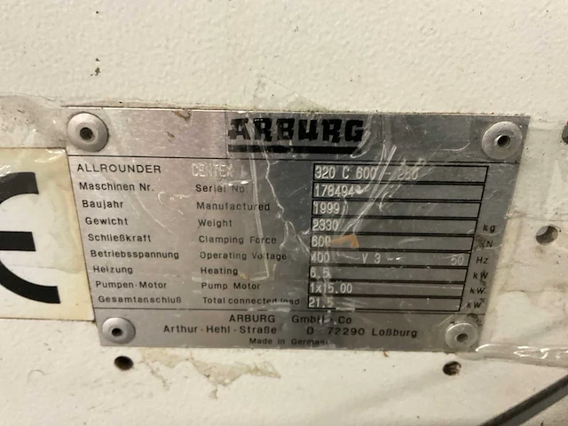 1999 arburg 320c allrounder 600-250 spuitgietmachine - afbeelding 6 van  17