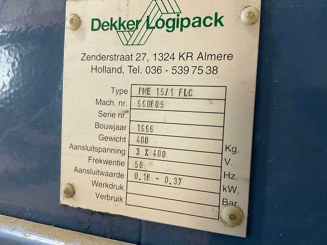 1999 dekker logipack pme15/1 flc palletfoliewikkelaar - afbeelding 7 van  7