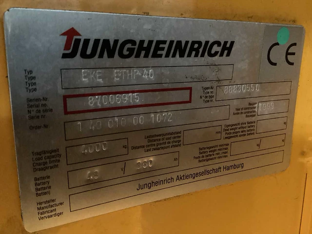 1999 jungheinrich ekl ethp 40 elektrische palletwagen - afbeelding 10 van  10