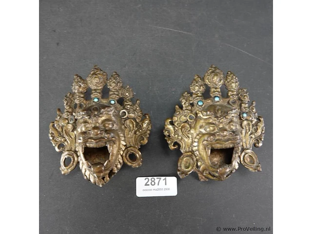 2 antieke brons met edelstenen mask of mahakala als wierrookhouders - afbeelding 1 van  5