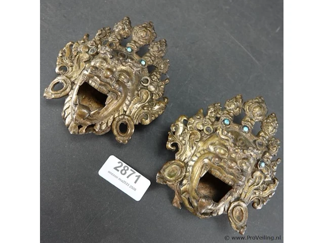 2 antieke brons met edelstenen mask of mahakala als wierrookhouders - afbeelding 2 van  5