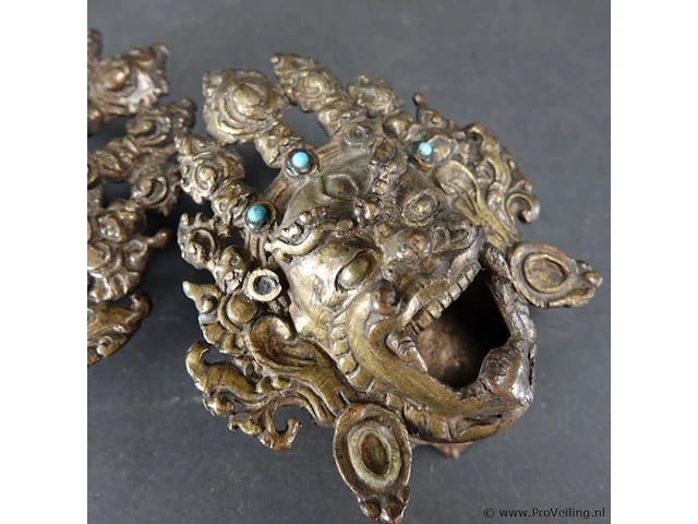 2 antieke brons met edelstenen mask of mahakala als wierrookhouders - afbeelding 4 van  5