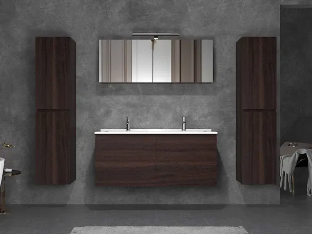 2-persoons badkamermeubel 120 cm donker hout decor - incl. kranen - afbeelding 2 van  3
