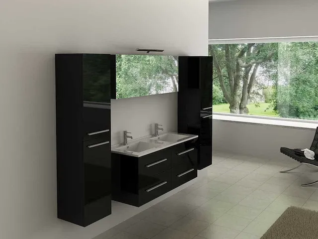 2-persoons badkamermeubel 120 cm hoogglans zwart - incl. kranen - afbeelding 1 van  8