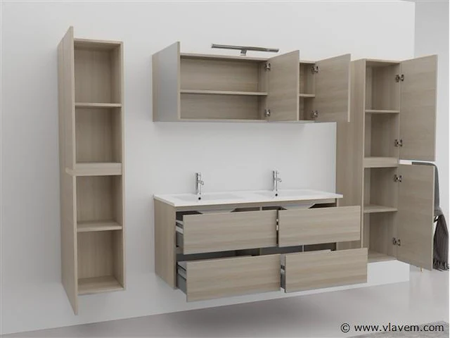 2-persoons badkamermeubel 120 cm licht hout decor - incl. kranen - afbeelding 3 van  6